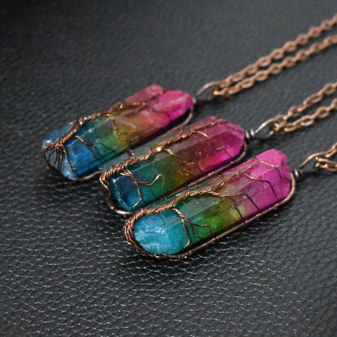 Stone Crystal Pillar Tree Of Life Pendant necklace